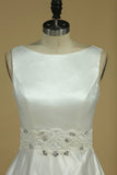 A Line Scoop Beaded Waistline Wedding Dresses Satin With Bow Knot Court Train