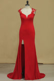 Red Straps Open Back Sheath Prom Dresses Spandex With Applique Open Back