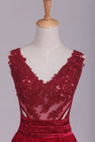 Burgundy V-Neck Prom Dresses A Line Chiffon With Applique