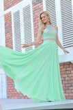 Scoop Prom Dresses A Line Beaded Bodice Chiffon Sweep Train