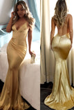 Elegant Mermaid Short Train Spaghetti Straps Long Sexy Gold V Neck Prom Dresses JS635