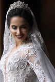 Luxurious Long Sleeves Scoop A Line Lace Wedding Dresses With Pearls Royal Train