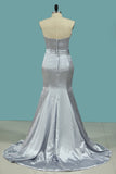 Sexy Mermaid Elastic Satin Silver Prom Dresses Sweetheart Zipper Up With Beading