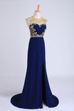 Prom Dresses Scoop Neckline Column Beaded Bodice With Court Train & Slit