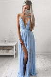 Sexy Chiffon Spaghetti Straps A Line Prom Dresses With Slit