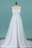 A Line Scoop Chiffon Wedding Dresses With Applique Sweep Train