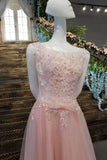 Scoop Neck A-Line Prom Dresses Tulle Lace Up With Appliques And Bow Knot