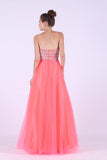 Prom Dresses A Line Strapless Beaded Bodice Tulle Floor Length