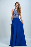 Halter A Line Princess Chiffon Dark Royal Blue Sweep Train Prom Dresses