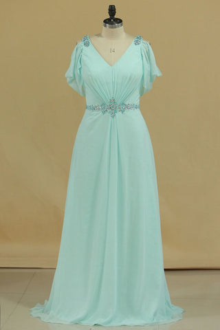 Prom Dresses V Neck Chiffon With Beading Floor Length