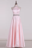 New Arrival High Neck Open Back A Line Satin With Beading Prom Dresses