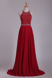 A Line Prom Dresses Halter Beaded Bodice Open Back Sweep Train Chiffon & Tulle