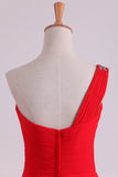 Red One Shoulder A Line Prom Dresses Chiffon Floor Length With Beading And Ruffles