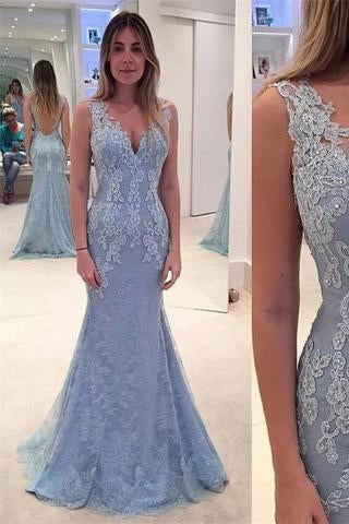 Sexy Deep V-neck Lace Appliques Open Back Backless Custom Made Long Prom Dresses JS745