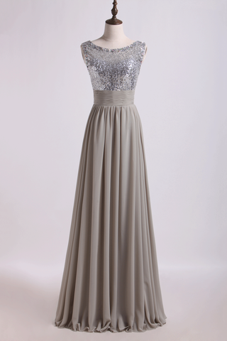 Romantic Scoop V Back A Line/Princess Chiffon Prom Dresses With Beads And Ruffles Floor Length