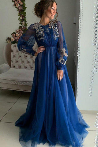 Charming A Line Long Sleeve Tulle Appliques Prom Dresses, Long Evening SJS20456