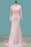 Mermaid Wedding Dresses Scoop Long Sleeves Stretch Satin With Tulle Detachable Train