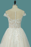 A Line Tulle Wedding Dresses Scoop Cap Sleeve With Applique