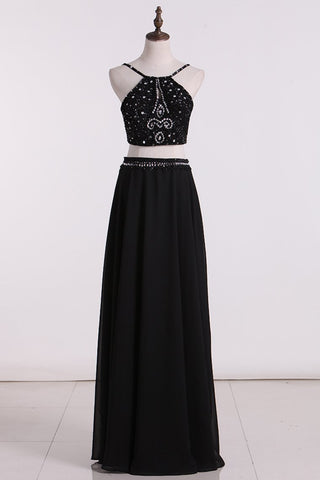 Prom Dresses Spaghetti Straps A Line Two-Piece Beaded Bodice Chiffon