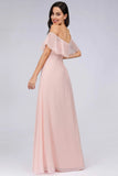 Charming Off Shoulder Ruffle Pink Chiffon Long Prom Dresses Bridesmaid Dresses SJS15114