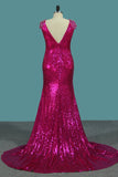 Sequins Mermaid Scoop Prom Dresses With Beading Sweep Train