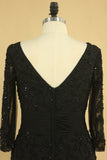 Black Mother Of The Bride Dresses V Neck Chiffon With Beads 3/4 Length Sleeve