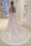 A-Line Backless Bowknot Scalloped Ivory Long Sleeve Backless Lace Wedding Dresses UK JS330