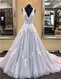 Gray V-Neck Tulle Lace Appliques Sleeveless A-Line Lace-up Long Prom Dresses JS790