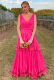 Hot Pink V-Neck A-Line Chiffon Two Layers Evening Dresses Long Prom Dresses