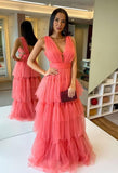 Tulle V Neck Long Prom Dress Backless Rustic Evening Dress