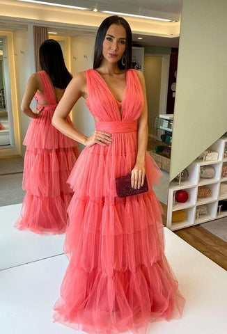 Tulle V Neck Long Prom Dress Backless Rustic Evening Dress