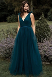 V Neck Open Back Prom Dresses Tulle Formal Evening Dress