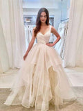 Elegant A Line V Neck Spaghetti Straps Ball Gown Multi LayerTulle Prom Dresses JS800