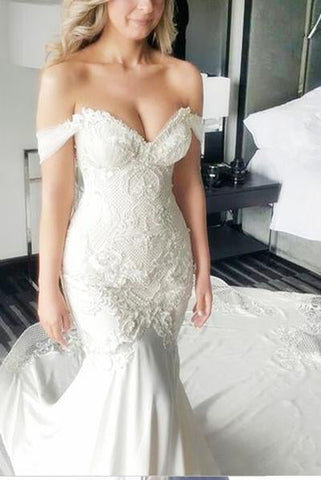 Mermaid Off-the-Shoulder Ivory Lace Long Cheap Sweetheart Backless Plus Size Wedding Dress JS619