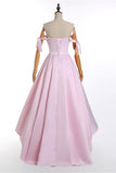 A-Line Pink Off the Shoulder Sweetheart Satin Lace up Hi-Lo Prom Homecoming Dresses JS515