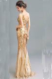 Fashion Sparkly Golden Sequins Mermaid Backless Sleeveless Floor-Length V-Neck Prom Dresses JS244