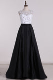 A Line Scoop Beaded Bodice Prom Dresses Taffeta Sweep Train