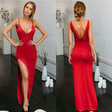 Sexy Mermaid Spaghetti Straps V Neck Red Side Slit Satin Long Prom Dresses