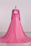 Prom Dresses Scoop Two-Piece Open Back Tulle With Applique Long Sleeves