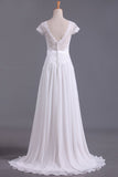 Wedding Dresses V Neck Chiffon & Lace Short Sleeves Sweep Train