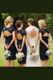 Sheath Navy Blue Open Back Lace Bridesmaid Dresses Wedding Party Dresses