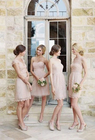 Mismatched Junior Short Lace Knee Length Blush Pink Bridesmaid Dresses