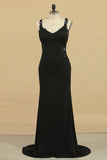 Spaghetti Straps Prom Dresses Sheath/Column Spandex & Tulle With Beading & Applique