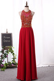 A Line Scoop Prom Dresses Chiffon With Beaded Bodice Floor Length