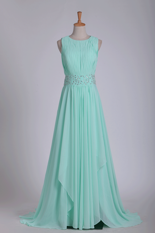 Mint Prom Dresses A-Line Bateau Chiffon With Beads And Ruffles Floor-Length