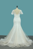 Short Sleeve Wedding Dresses Tulle Mermaid With Applique And Sash Sweep Train