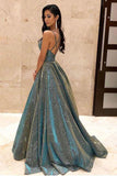 Sparkly Spaghetti Straps Green Sequins Prom Dresses, Backless Party Dresses SJS15431