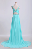 Open Back Halter Prom Dresses A Line Sweep Train Chiffon With Beads&Ruffles