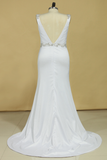 Plus Size Wedding Dresses A Line V Neck Open Back With Beading Stretch Satin