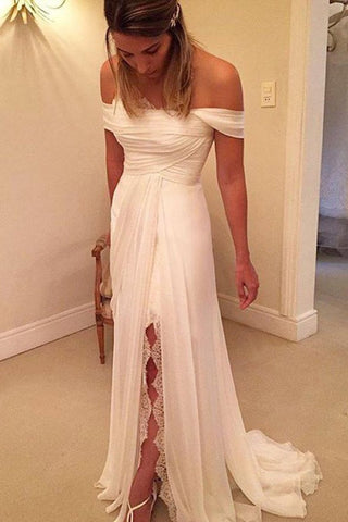 Off The Shoulder Wedding Dresses A Line Chiffon With Ruffles And Slit